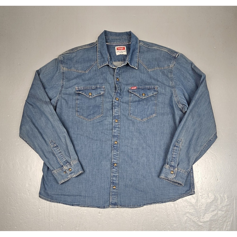 Vintage Wrangler Pearl Snap Western Shirt Mens XL Blue Chambray Long Sleeve